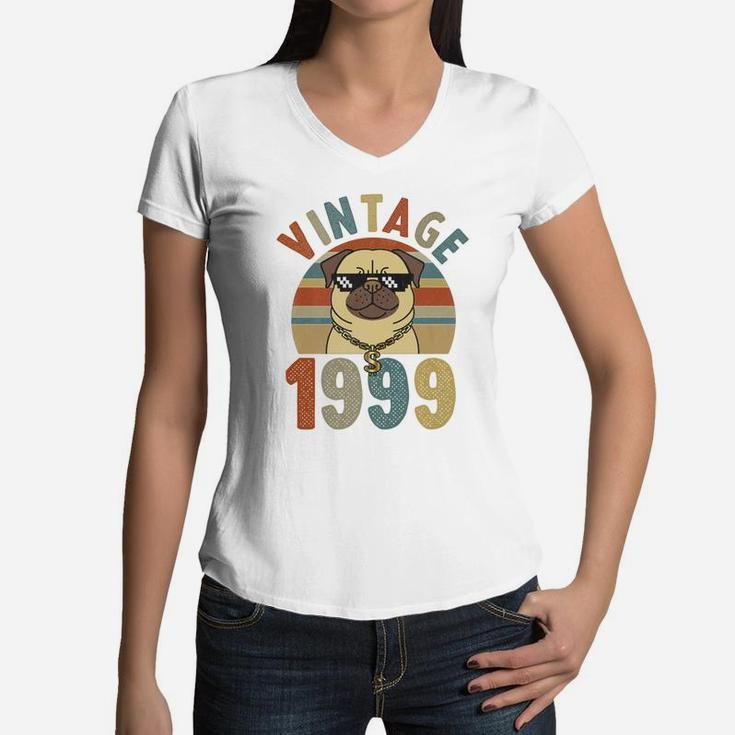Vintage 22nd Birthday Dog Pug Vintage 1999 Classic  Women V-Neck T-Shirt