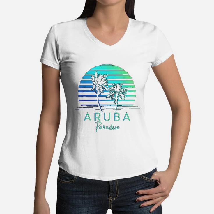 Vintage Aruba Beach Tropical Vibes Vacation Souvenir Gift Women V-Neck T-Shirt