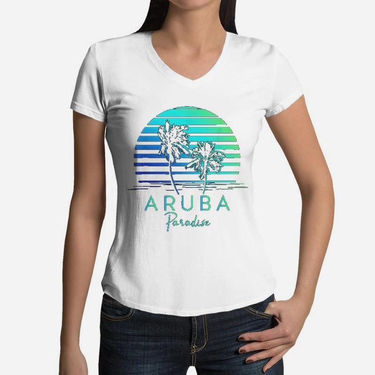 Vintage Aruba Beach Tropical Vibes Vacation Souvenir Gift Women V-Neck T-Shirt