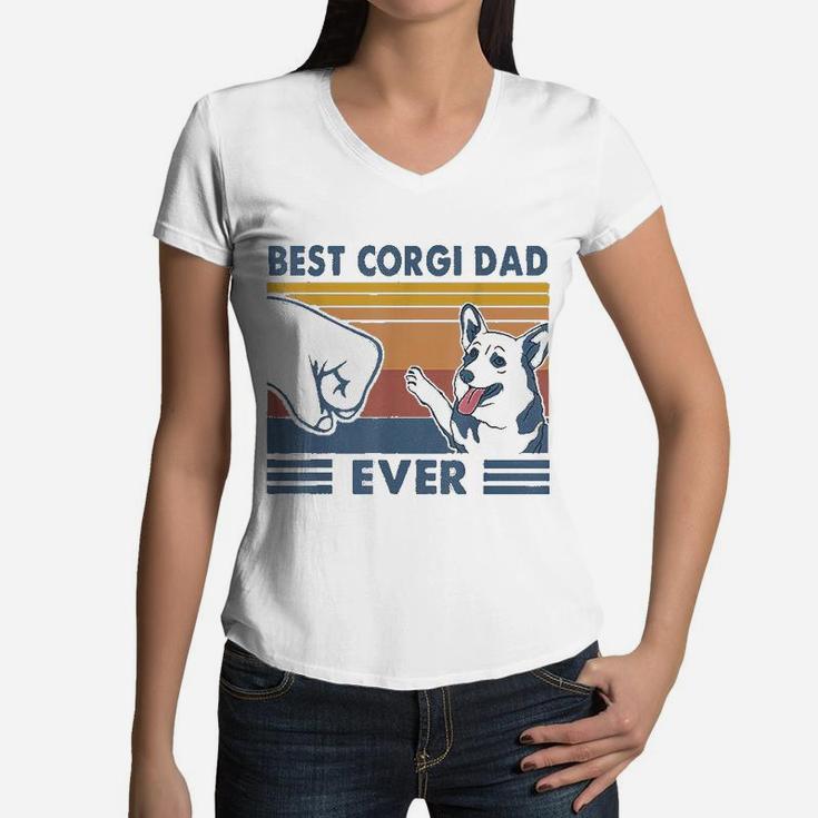 Vintage Best Corgi Dad Ever Fist Bump Funny Corgi Lover Gift Women V-Neck T-Shirt