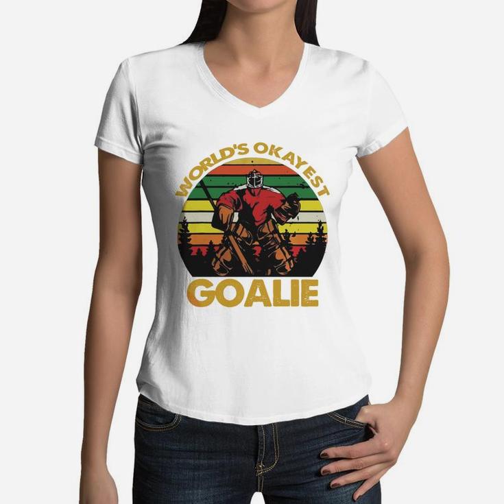 Vintage Hockey Worlds Okayest Goalie Shirtvintage Hockey Worlds Okayest Goalie Women V-Neck T-Shirt