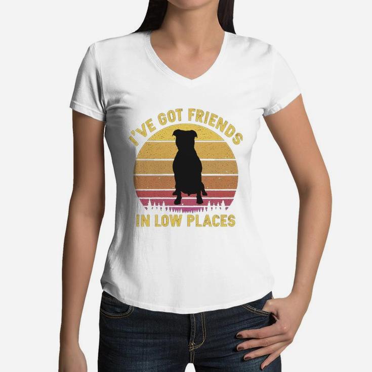 Vintage Pitbull I Have Got Friends In Low Places Dog Lovers Women V-Neck T-Shirt