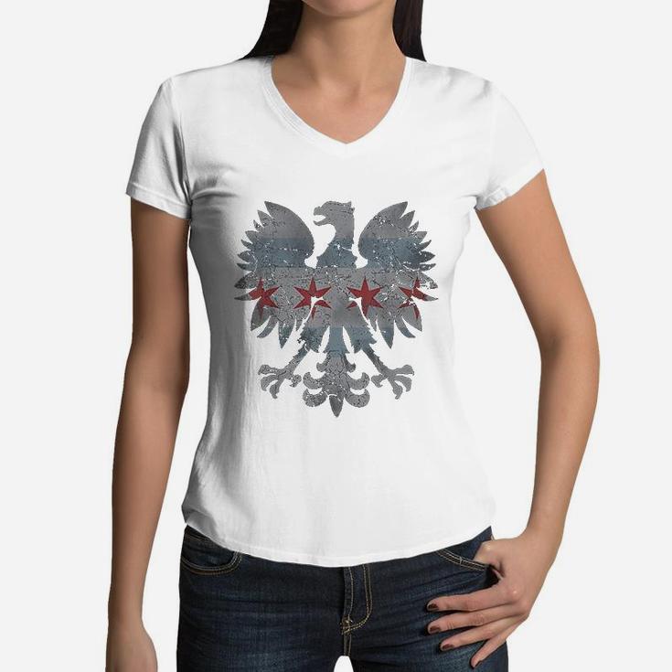 Vintage Polish Eagle Flag Of Chicago Family Heritage Women V-Neck T-Shirt