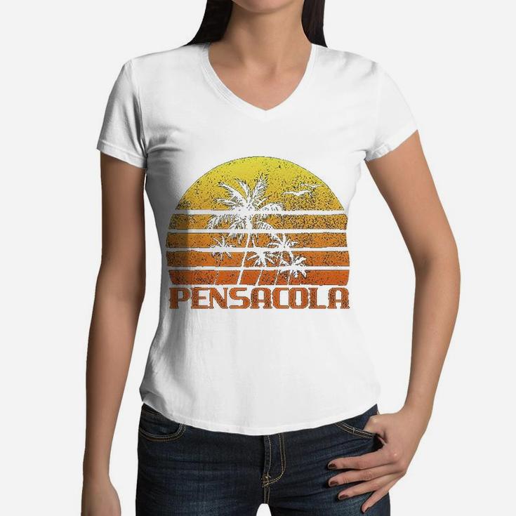 Vintage Retro Beach Vacation Pensacola Fl Sunset Women V-Neck T-Shirt