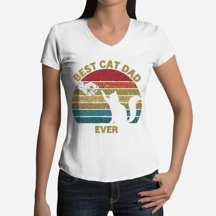 Vintage Retro Gift Best Cat Dad Ever Women V-Neck T-Shirt