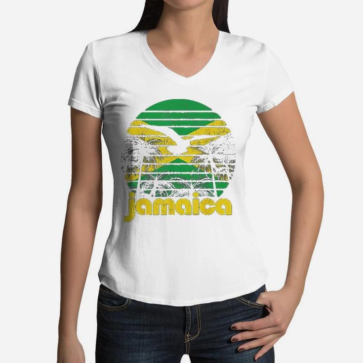 Vintage Retro Jamaica Flag Jamaican 70's 80's Women V-Neck T-Shirt
