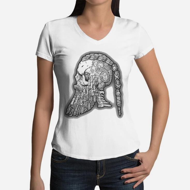 Vintage Viking Warrior Beard Skull Sketched Print Women V-Neck T-Shirt