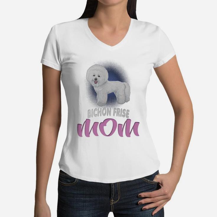 White Cute Dog Bichon Frise Mom Smiling Women V-Neck T-Shirt