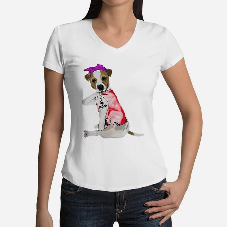 Women Gifts Jack Russell Terrier Dog Tattoo I Love Mom Women V-Neck T-Shirt