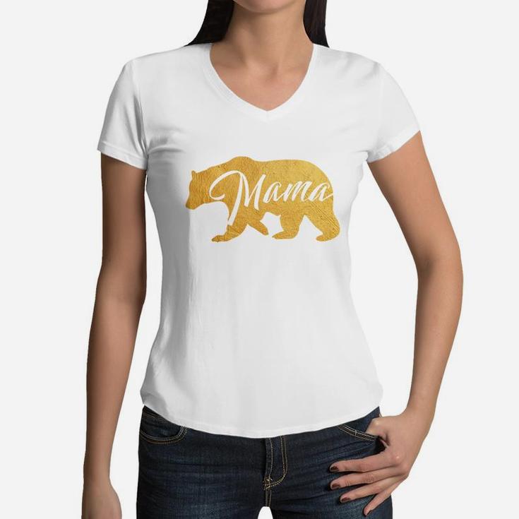 Womens Mama Bear Shirt Gold Mothers Day Mom Shirt Funny Women V-Neck T-Shirt