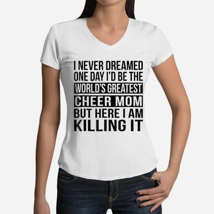 Worlds Greatest Cheer Mom Funny Cheer Mother Women V-Neck T-Shirt