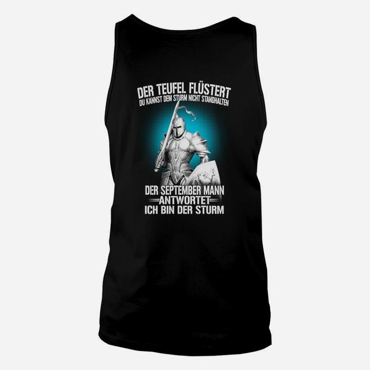 Schwarzes Herren Unisex TankTop 'Der Teufel flüstert', September Mann Motiv