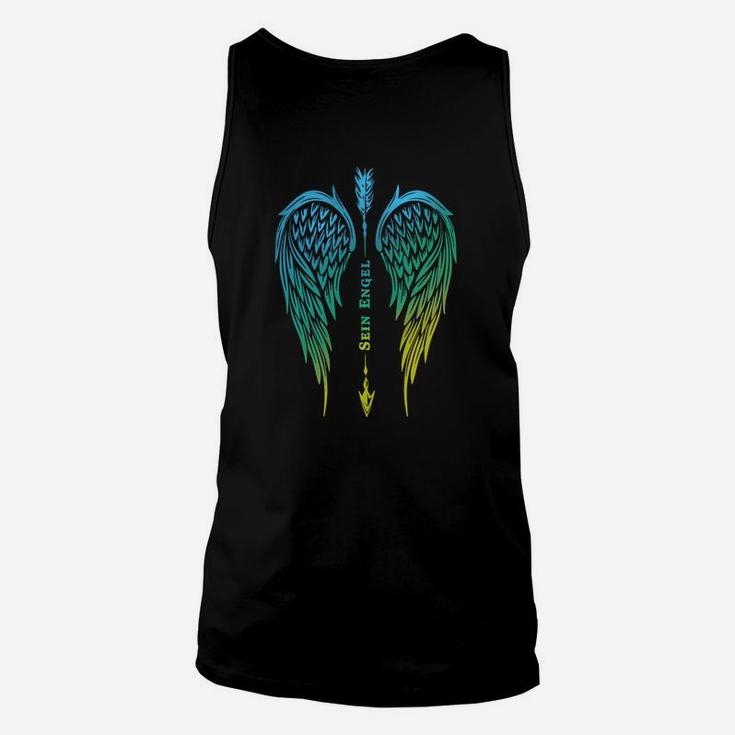 Schwarzes Unisex TankTop mit buntem Federflügel-Design, Stilvolles Oberteil