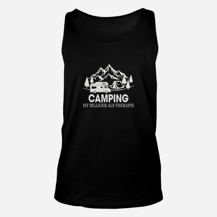 Camping-Therapie Schwarzes Unisex TankTop, Bergmotiv und Spruch Design