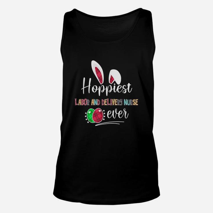 Hoppiest Labor And Delivery Nurse Ever Bunny Ears Buffalo Plaid Easter Nursing Job Title Unisex Tank Top