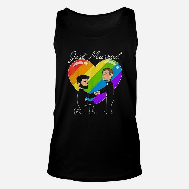 Just Married Gay Couple Just Married Rainbow Heart Unisex Tank Top