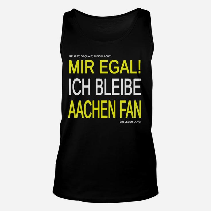 Schwarzes Aachen Fan Unisex TankTop mit Mir egal! Ich bleibe Fan Aufdruck in Gelb