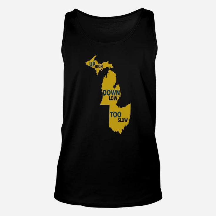 Up High Down Low Too Slow Gold And Blue Unisex Tank Top