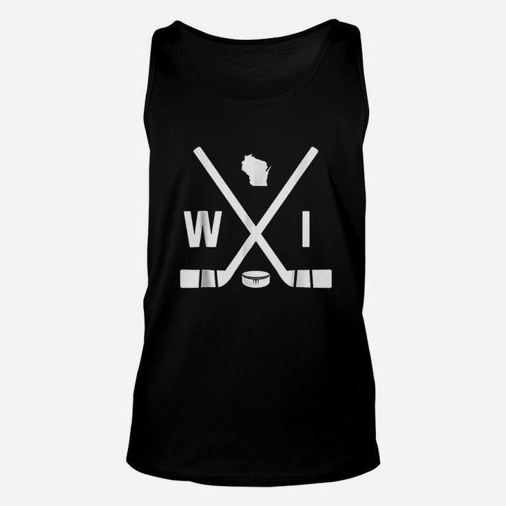 Vintage Wisconsin Hockey Sticks And Puck State Outline Unisex Tank Top