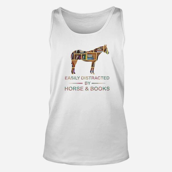 Easily Distracted By Horse And Books Lover Nerd Funny Unisex Tank Top