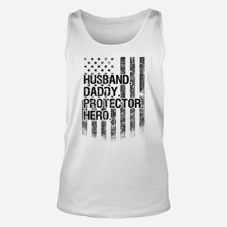 Mens Mens Husband Daddy Protector Hero Shirt American Flag Dad Unisex Tank Top