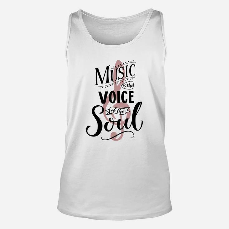 Music Is The Voice Of The Soul. Inspirational Quote Typography, Vintage Style Saying On White Background. Dancing School Wall Art Poster. Unisex Tank Top