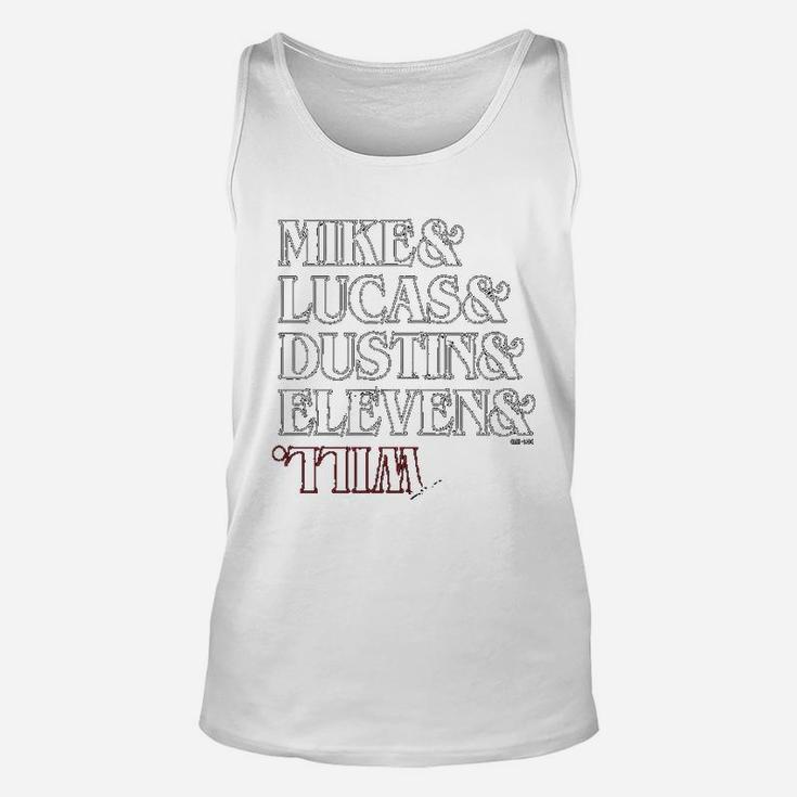 Superluxe Clothing The Party Mike Dustin Eleven And Will Names Upside Down Unisex Tank Top