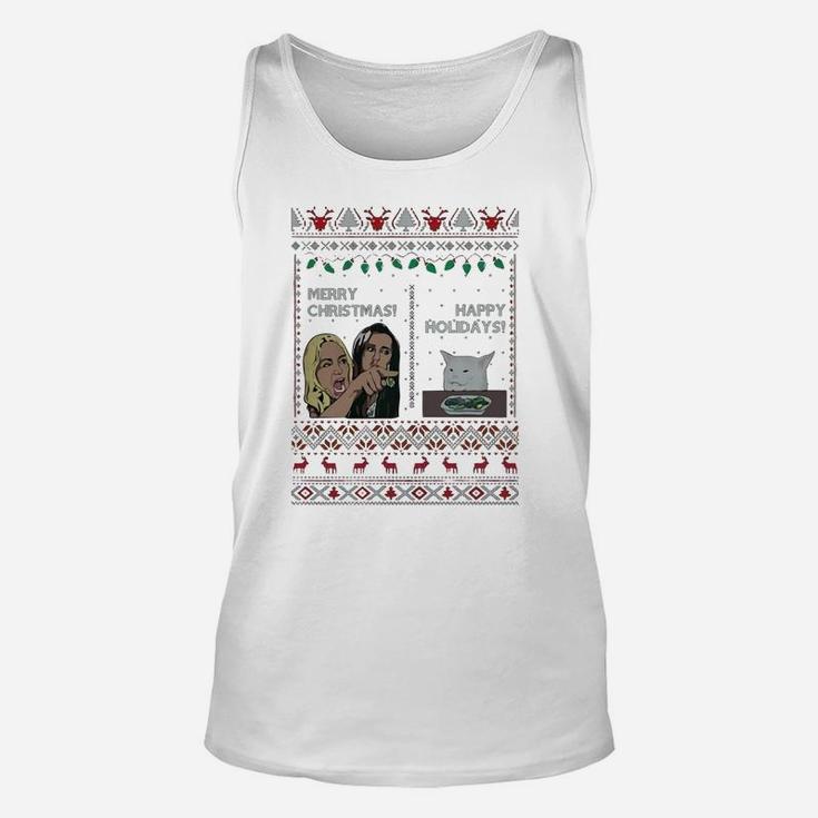 Yelling Woman Cat Meme Merry Christmas Happy Holidays Ugly Christmas Shirt Unisex Tank Top