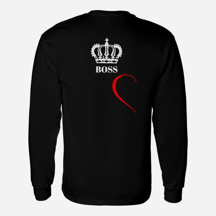 Schwarzes Langarmshirts mit Kronen-Boss-Aufdruck und rotem Akzent, Stilvolles Herrenshirt