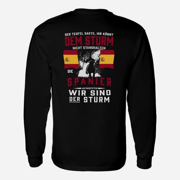 Schwarzes Langarmshirts mit Spanischem Motiv & Sturm-Slogan, Unisex Design