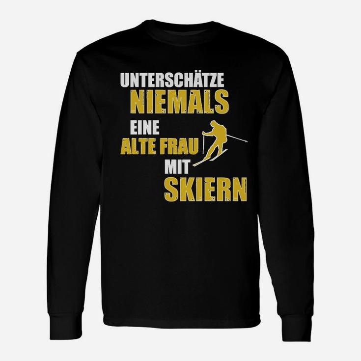 Alte Frau mit Skiern Langarmshirts, Sportliches Skifahrerinnen Statement