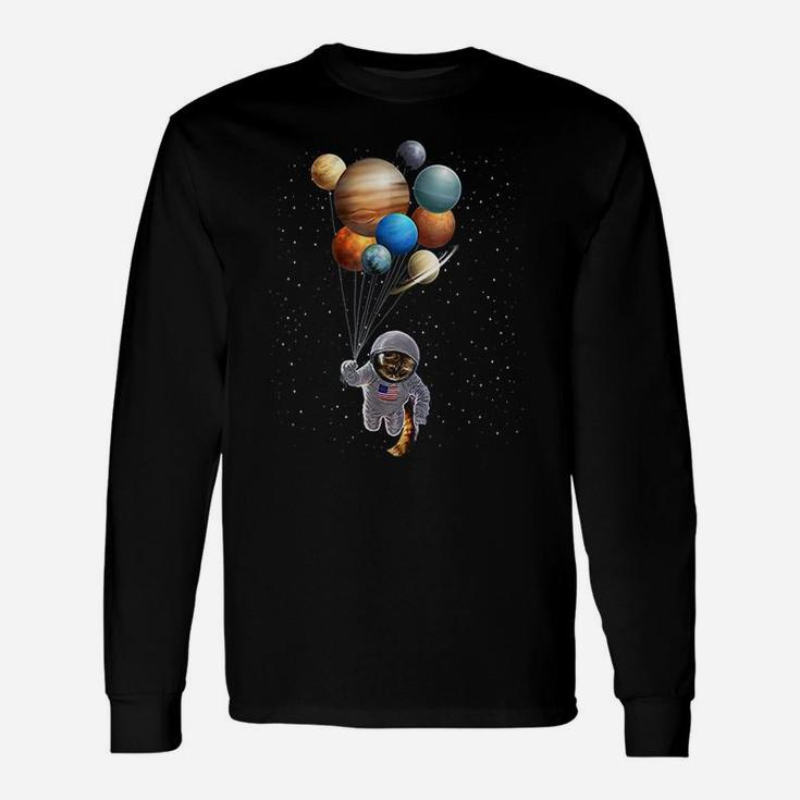 Astronaut Cat In Space Holding Planet Balloon Long Sleeve T-Shirt