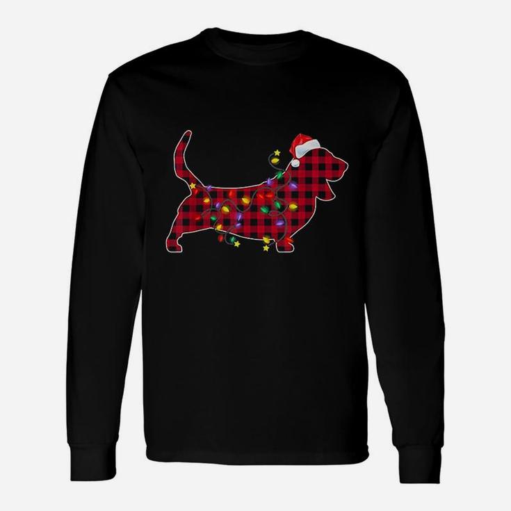 Basset Hound Dog Red Plaid Christmas Lights Xmas Long Sleeve T-Shirt
