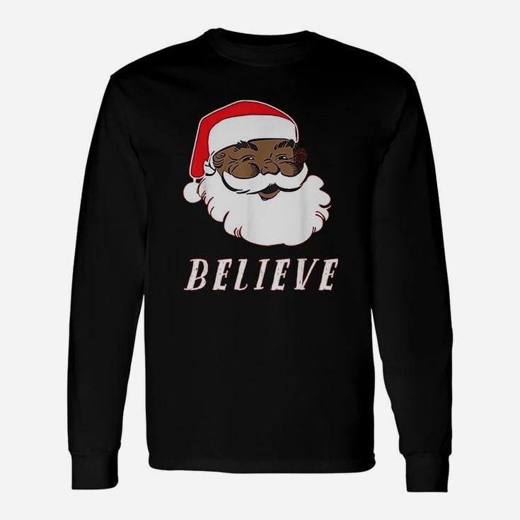 Black African American Christmas Santa Believe Long Sleeve T-Shirt