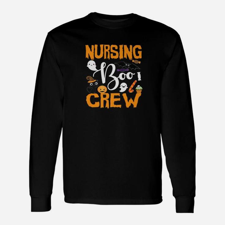 Black Cat Pumpkin Candy Ghost Nursing Boo Crew Long Sleeve T-Shirt