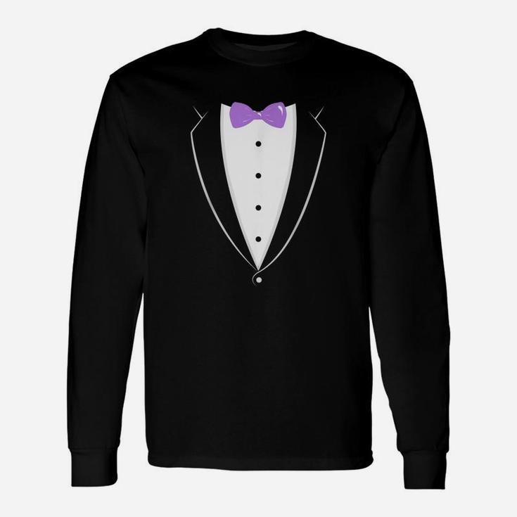 Black And White Tuxedo With Lavender Bow Tie Long Sleeve T-Shirt