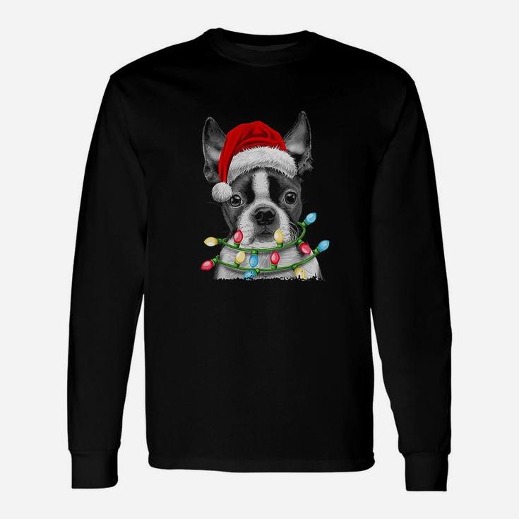 Boston Terrier Santa Christmas Tree Lights Xmas Boys Long Sleeve T-Shirt