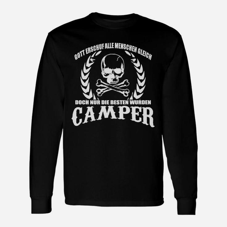 Camping-Enthusiast Schwarzes Langarmshirts, Totenkopf und Spruch