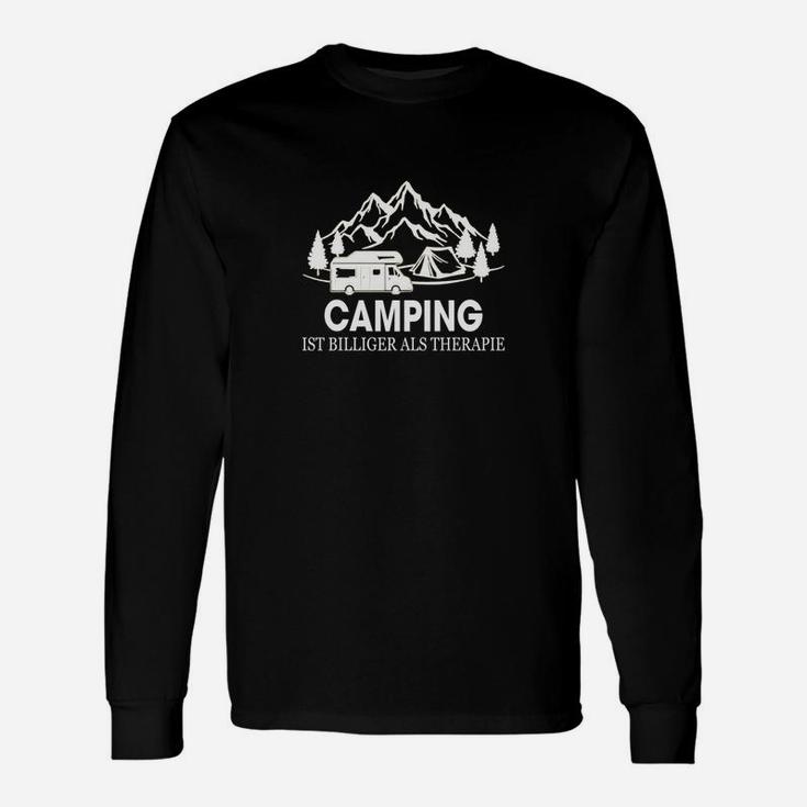 Camping-Therapie Schwarzes Langarmshirts, Bergmotiv und Spruch Design