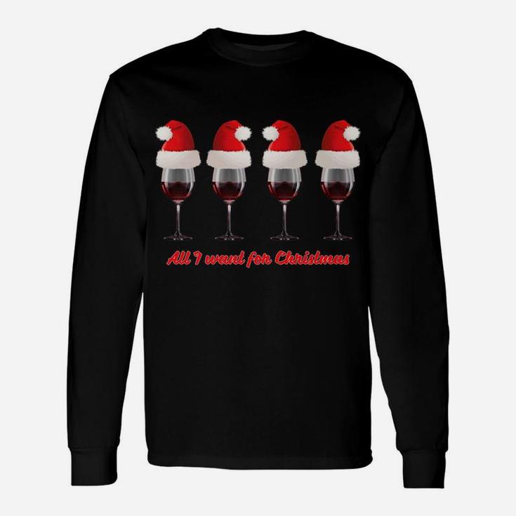 Christmas Wine Glasses Red Wine Santa Hats Tee Long Sleeve T-Shirt