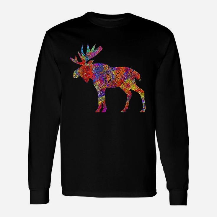 Colorful Canadian Moose Abstract Paint Wildlife Long Sleeve T-Shirt