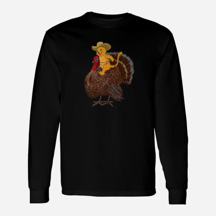 Cowboy Cat Riding A Turkey For Thanksgiving Long Sleeve T-Shirt