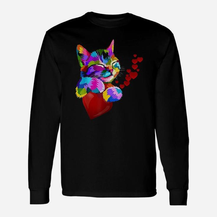 Cute Cat Colorful Valentines Day Hearts Long Sleeve T-Shirt