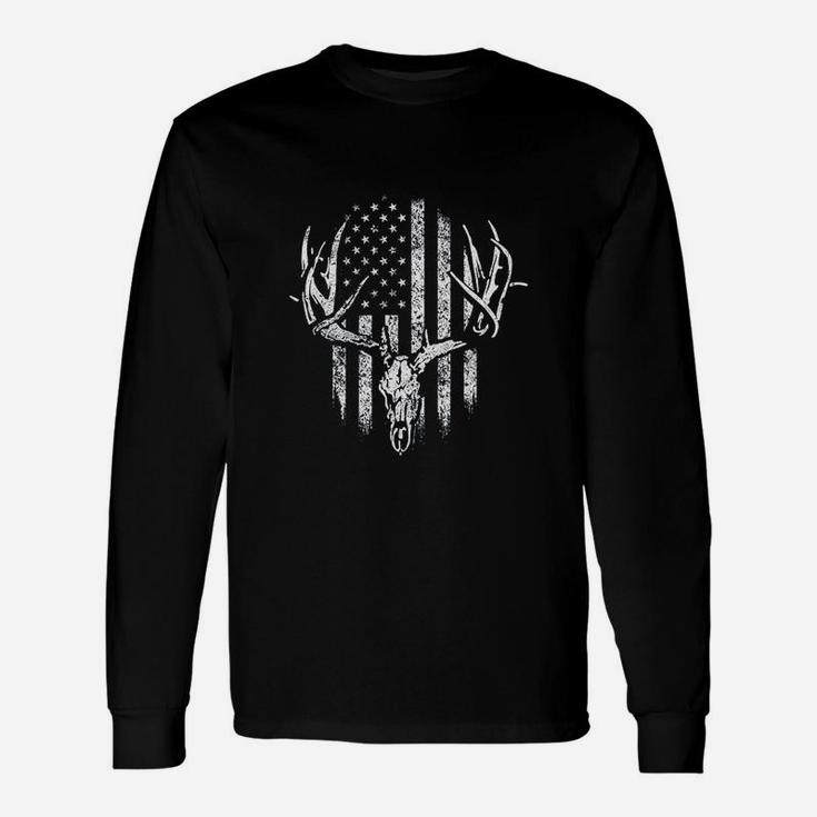 Deer Skull Hunters America Flag Fathers Day Hunting Lover Long Sleeve T-Shirt