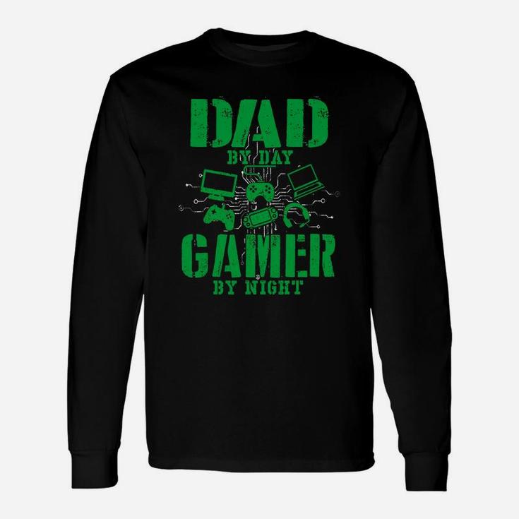 Fathers Day Shirt Dad By Day Gamer By Night Video Game Long Sleeve T-Shirt