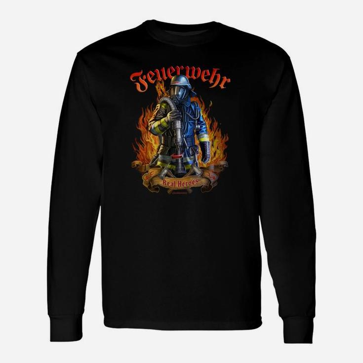 Feuerwehrmann Langarmshirts in Schwarz mit Mutigem Motiv und Flammen