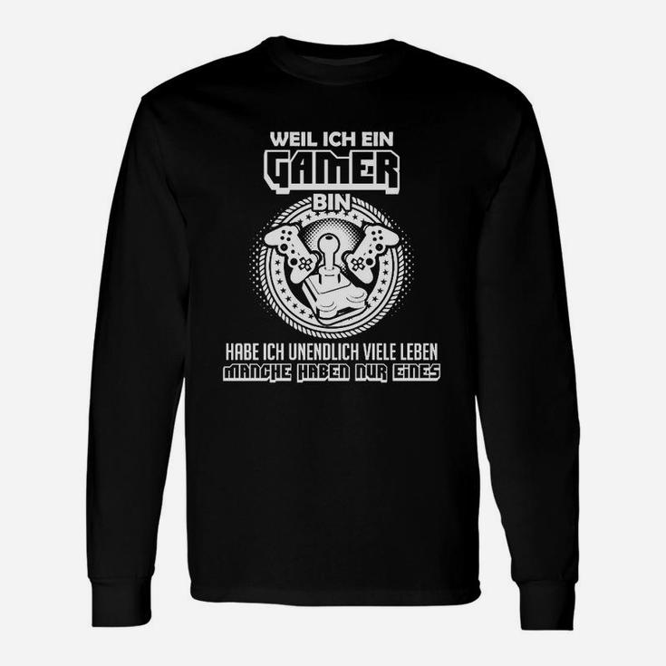 Gamer Langarmshirts Unendlich Viele Leben, Schwarz, Nerd Design