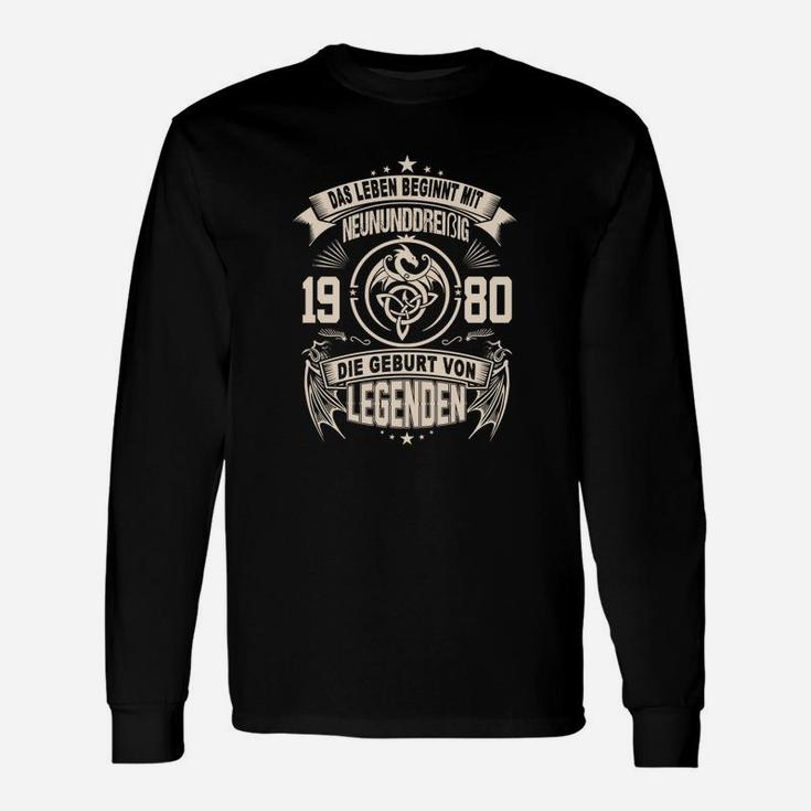 Geburt von Legenden 1980, Schwarzes Langarmshirts für Männer mit Jahrgangsmotiv