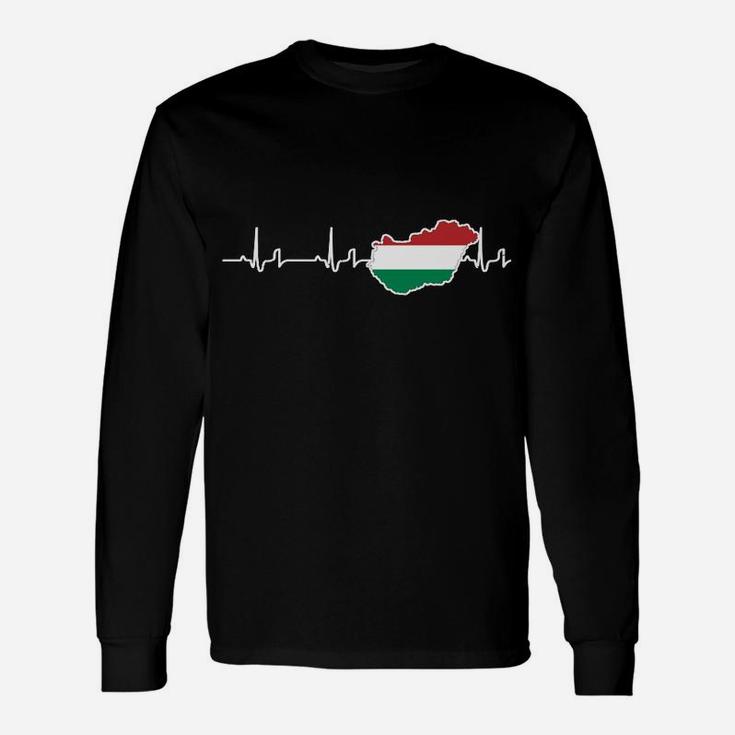 Herzschlag Ungarn Langarmshirts, EKG mit ungarischer Flagge für Patrioten
