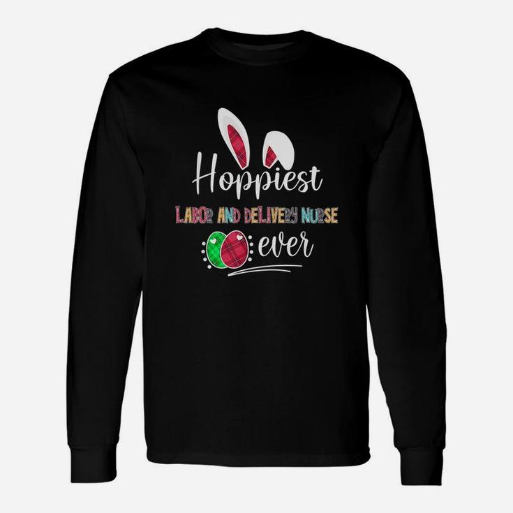 Hoppiest Labor And Delivery Nurse Ever Bunny Ears Buffalo Plaid Easter Nursing Job Title Long Sleeve T-Shirt